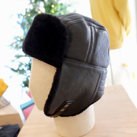 COACH Mens Aviator Motorcycle Hat MEDIUM Black Leather Shearling Vintage USA - Picture 3 of 12